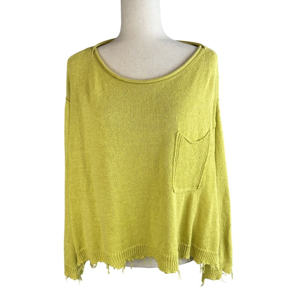 Free People Women Oversized Prism Sweater Size XS Lemon Yellow Cotton Linen Knit